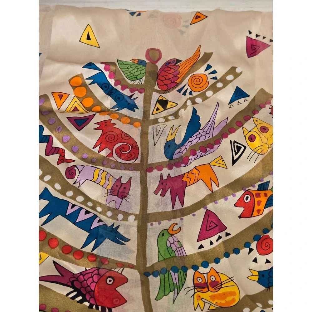 Laurel Burch Silk Scarf Tree of Life Whimsical Cats Birds Fish Rectangular Wrap